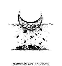 Moon and stars. Engraving style. Vector illustration. Silhouette for t-shirt print or tattooo. Hand drawn surreal design for apparel. Vintage vector illustration, sketch isolated on white background