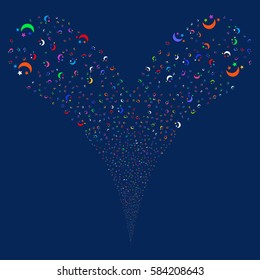 Moon Stars fireworks stream. Vector illustration style is flat bright multicolored iconic symbols on a blue background. Object double fountain done from random icons.