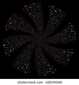 Moon Stars fireworks swirl rotation. Vector illustration style is flat bright multicolored iconic symbols on a black background. Object whirl combined from random icons.