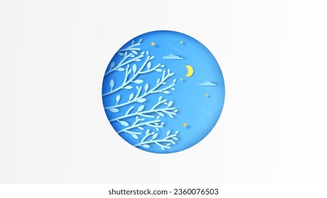 Moon with stars in the forest at midnight in circle frame. Moon with stars. Night sky. paper cut and craft style. vector, illustration.