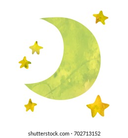 Moon and stars. Funny cartoon clip art illustration on isolated background. Watercolour imitation.