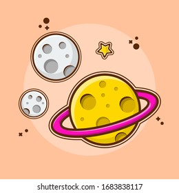 Moon  and Stars in Galaxy Vector Icon Illustration. Spaceman Mascot Cartoon Character. Science Icon Concept. Flat Cartoon Style Suitable for Sticker, Wallpaper, Icon, etc.
