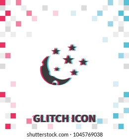 Moon and stars  glitch effect vector icon.