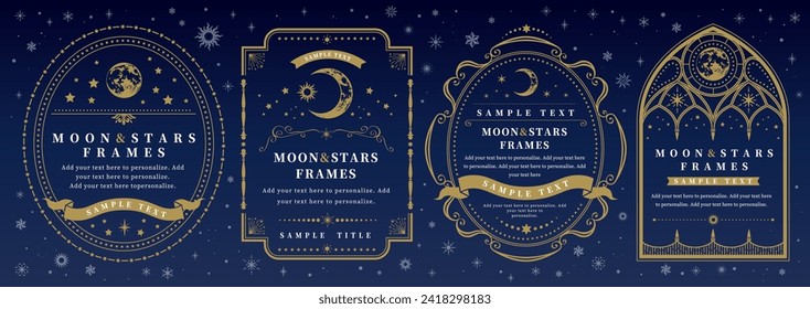 Moon and stars gold frame set, mystical astronomy design