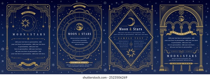 Moon and stars gold frame set, mystical astronomy design card