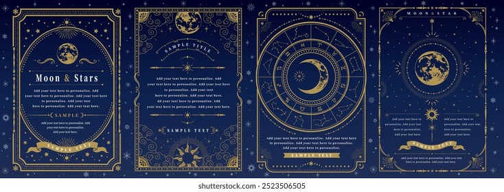 Conjunto de marco de oro de luna y estrellas, tarjeta de diseño de astronomía mística