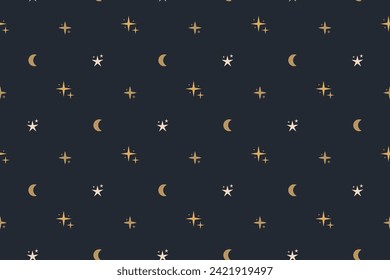 Moon and Stars Good Night Seamless Pattern. Day and Night Golden Black Background. Sky Bedtime Repeating Endless Wallpaper.