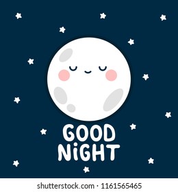 moon, stars with good night text. White handmade phrase on the night background. vector handdrawn lettering banner design.