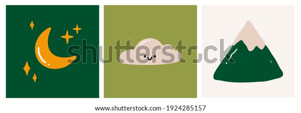 The moon and the stars, green mountain, cloud\
character, cartoon style. Flat vector illustration isolated on a\
white background
