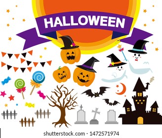 Moon and stars .Halloween vector illustration. Pumpkins, ghosts, flags, spears