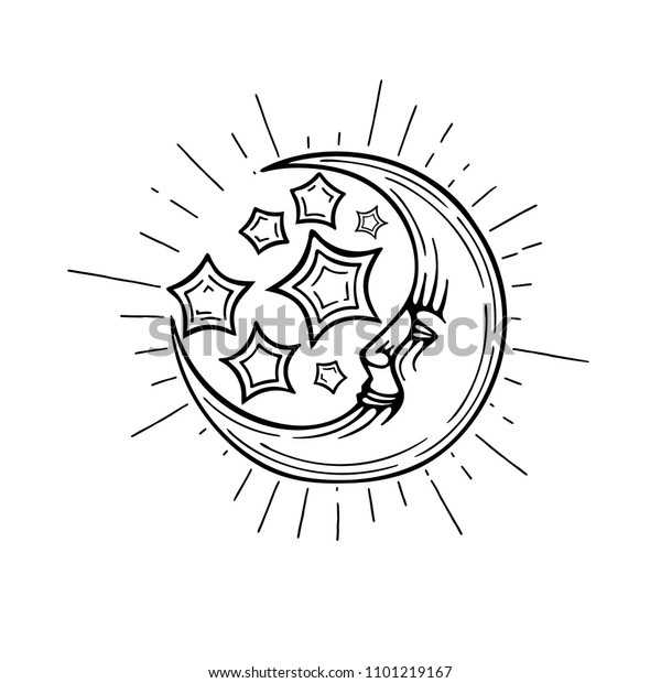 Moon and stars. Moon and stars hand drawn\
vector illustration.\
Night symbol\
concept.
