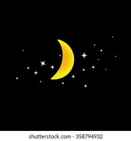 Moon and stars icon. Moon crescent and star constellation on black night background. Vector Illustration