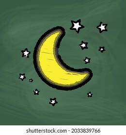 Moon and stars Icon design, Colorful chalk. Draw a picture on the blackboard.