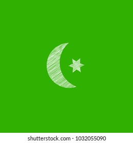 Moon and stars icon. Flat vector illustration on a green background. Kids draw style