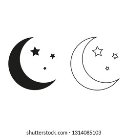 Moon and stars icon. Flat vector illustration in black and outline style isolated on a white background. Moon and stars set