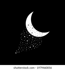 Moon and stars icon. Flat vector illustration in white on black background.
