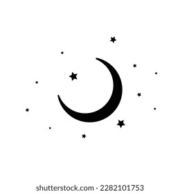 Moon and stars icon isolated. Flat design. Moon and star Icon isolated on white Background. Night symbol for your web site design, logo. Flat design. filled black symbol. Vector EPS 10.