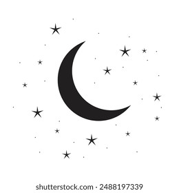 Moon and stars icon isolated. Flat design. Moon and star Icon isolated on white Background. Night symbol for your web site design, logo. Flat design. filled black symbol. Vector EPS 10.