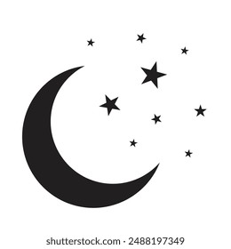 Moon and stars icon isolated. Flat design. Moon and star Icon isolated on white Background. Night symbol for your web site design, logo. Flat design. filled black symbol. Vector EPS 10.