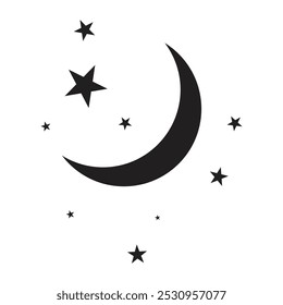Moon and stars icon isolated. Flat design. Moon and star Icon isolated on white Background. Night symbol for your web site design, logo. Flat design. filled black symbol. Vector EPS 10.