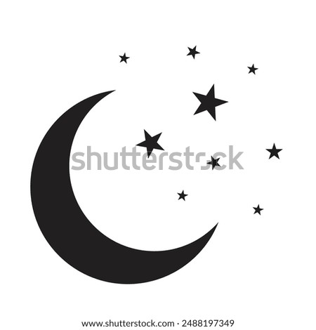 Moon and stars icon isolated. Flat design. Moon and star Icon isolated on white Background. Night symbol for your web site design, logo. Flat design. filled black symbol. Vector EPS 10.