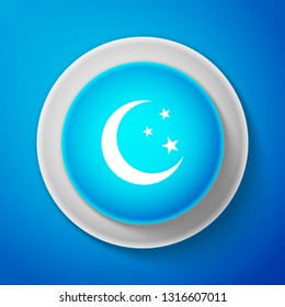 Moon and stars icon isolated on blue background. Circle blue button. Vector Illustration