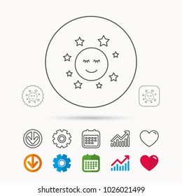 Moon and stars icon. Night or sleep sign. Astronomy symbol. Calendar, Graph chart and Cogwheel signs. Download and Heart love linear web icons. Vector