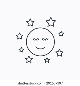 Moon and stars icon. Night or sleep sign. Astronomy symbol. Linear outline icon on white background. Vector
