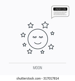 Moon and stars icon. Night or sleep sign. Astronomy symbol. Linear outline icon. Speech bubble of dotted line. Vector