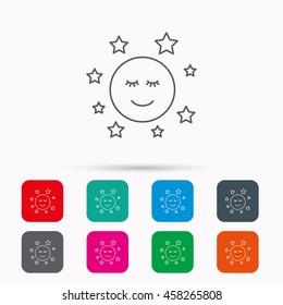 Moon and stars icon. Night or sleep sign. Astronomy symbol. Linear icons in squares on white background. Flat web symbols. Vector