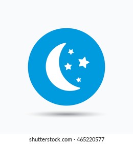 Moon and stars icon. Night sleep symbol. Blue circle button with flat web icon. Vector