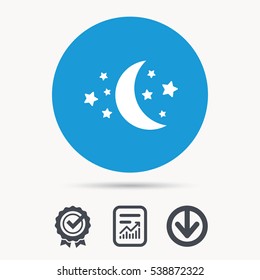 Moon and stars icon. Night sleep symbol. Achievement check, download and report file signs. Circle button with web icon. Vector