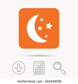 Moon and stars icon. Night sleep symbol. Report chart, download and magnifier search signs. Orange square button with web icon. Vector