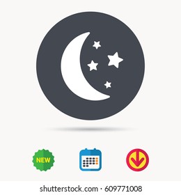 Moon and stars icon. Night sleep symbol. Calendar, download arrow and new tag signs. Colored flat web icons. Vector