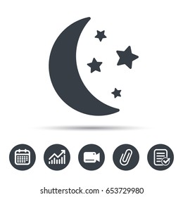 Moon and stars icon. Night sleep symbol. Calendar, chart and checklist signs. Video camera and attach clip web icons. Vector