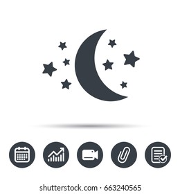 Moon and stars icon. Night sleep symbol. Calendar, chart and checklist signs. Video camera and attach clip web icons. Vector