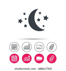 Moon and stars icon. Night sleep symbol. Statistics chart, calendar and video camera signs. Attachment clip web icons. Vector