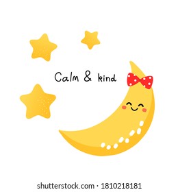 The moon and stars icon on white background vector illustration. Cute cartoon character.