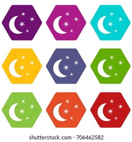 Moon and stars icon set many color hexahedron isolated on white vector illustration