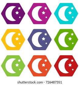 Moon and stars icon set many color hexahedron isolated on white vector illustration