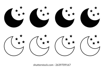 Moon and stars icon set. Simple crescent moon and stars icon fill and stroke symbol website graphic design. Flat style of the moon with stars icon isolated on white background. Vector illustration.