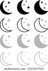 Moon with Stars icon set. Sparkle Icon Set of Moon and Star. Different types of Moon stars, constellations, galaxies. Vector Illustration isolated.