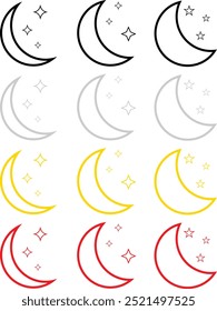 Conjunto de iconos de Luna con estrellas. Conjunto de iconos brillantes de la luna y la estrella. Diferentes tipos de estrellas lunares, constelaciones, galaxias. Ilustración vectorial aislada.