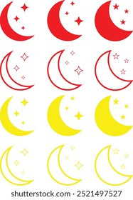 Moon with Stars icon set. Sparkle Icon Set of Moon and Star. Different types of Moon stars, constellations, galaxies. Vector Illustration isolated.