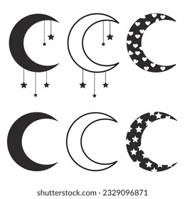 Moon and stars icon set, vector moon illustration
