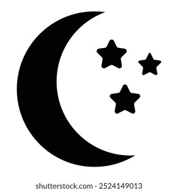 Ícone Lua e estrelas. Silhueta de lua e estrelas ícone de símbolo da noite isolado no fundo branco. Luar ícone preto preencheu crescente e estrelas. Ilustração do vetor do ícone da Lua.