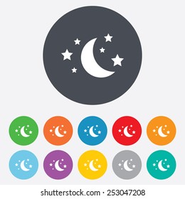 Moon and stars icon. Sleep dreams symbol. Night or bed time sign. Round colourful 11 buttons. Vector