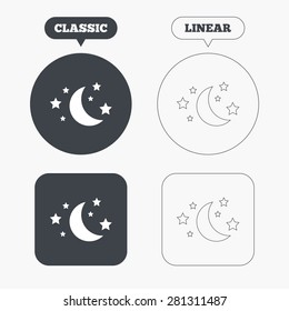 Moon and stars icon. Sleep dreams symbol. Night or bed time sign. Classic and line web buttons. Circles and squares. Vector