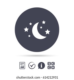 Moon And Stars Icon. Sleep Dreams Symbol. Night Or Bed Time Sign. Report Document, Information And Check Tick Icons. Currency Exchange. Vector