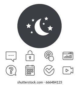 Moon and stars icon. Sleep dreams symbol. Night or bed time sign. Calendar, Locker and Speech bubble line signs. Video camera, Statistics and Question icons. Vector